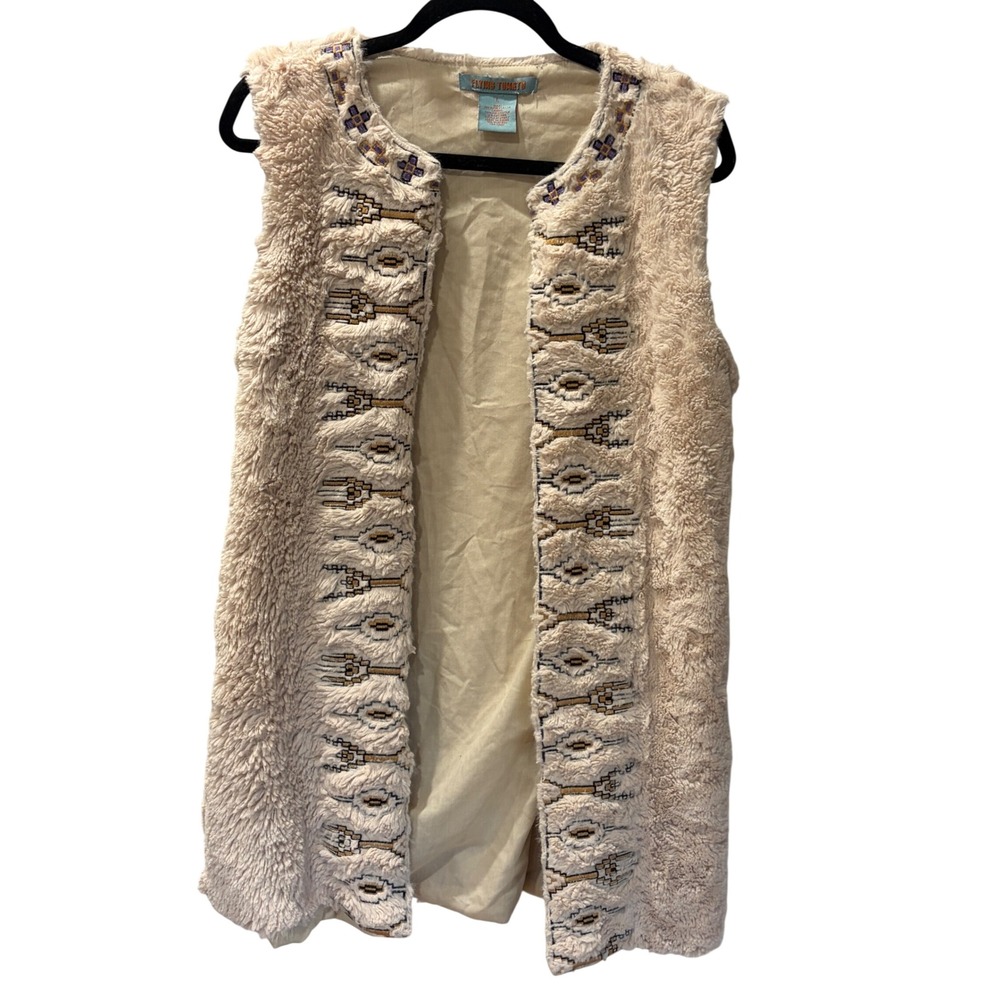 Flying Tomato Faux Fur Embroidered Boho Vest Beige Cream Large Preowned Good